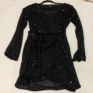 Black sequin wrap mini long sleeve dress